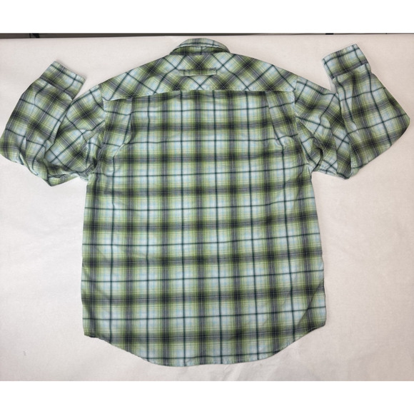Duluth Trading Conpany Plaid Button Shirt Green Blue Locker Loop Tabbed Medium - Picture 2 of 9